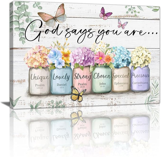 God Says You Are Canvas Wall Art Christian Inspirational Bible Verse Wall Painting Religious Scripture Encouragement Gifts for Women Hydrangea in Mason Jar Butterfly Picture Decor for Bedroom 12"x16 inch