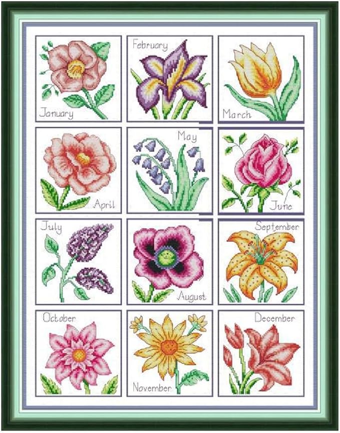Qeerysew Cross Stitch Kits Stamped Full Range of Embroidery Starter Kits for Beginners DIY- Printed kit Year-Round Flowers(Printed) 14CT17.7x22inches
