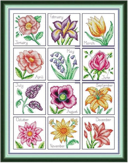 Qeerysew Cross Stitch Kits Stamped Full Range of Embroidery Starter Kits for Beginners DIY- Printed kit Year-Round Flowers(Printed) 14CT17.7x22inches