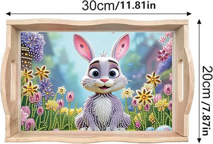 DIY Diamond Art Wooden Tray Kit, Food Tray with Handle Diamond Painted Table Decoration Tray, for Breakfast, Bar Dinner Table Diamond Dots Gem Painting Art Set for Beginners-#39-Easter Bunny