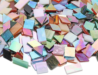 Lanyani Iridescent Glass Mosaic Tiles Bulk, 4-Shapes 700 Pieces Sparkle Iridized Stained Glass Tile for Mosaic Crafts
