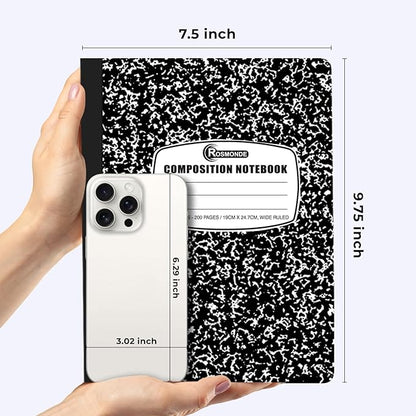 Rosmonde 12 Pack Composition Notebook Wide Ruled Bulk, 200 Pages (100 Sheets), 9-3/4 x 7-1/2", Hard Cover Wide Ruled Notebook Bulk, Black Marble Composition Notebooks, Bulk School Notebooks