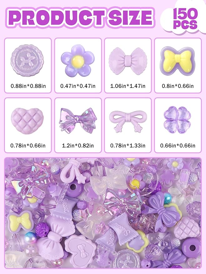 150PCS Acrylic Pastel Beads for Jewelry Making, Kalolary Colorful Bow Butterfly Flower Kawaii Plastic Candy Heart Cute Macaroon Aesthetic Beads for Bracelet Necklace DIY Supplies (Purple)