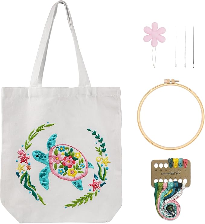 Nuberlic Canvas Tote Bag Embroidery Kit for Beginners Adults -Cross Stitch Kits Needlepoint with Sea Turtles Pattern Bag Reusable Eco-Friendly Shopping Bag