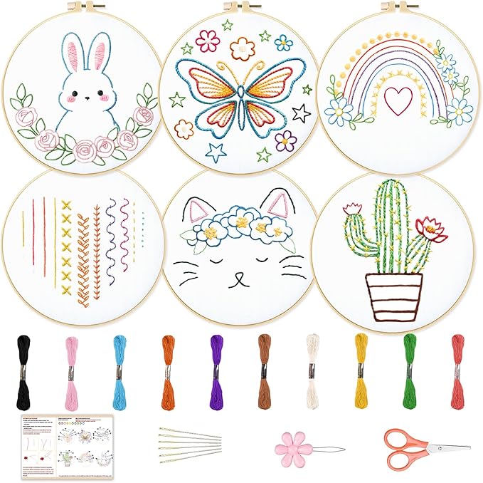 BEUNITONE Embroidery Kit with 6 Easy Patterns, Simple Cross Stitch Starter Set for Absolute Beginners, Cute Animal Rainbow Butterfly DIY Craft Activity