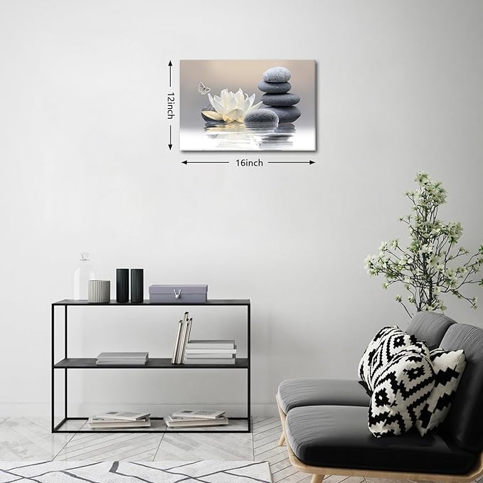 Zen Stone Framed Canvas Wall Art, White Flower and Yellow Butterfly on Lake Wall Paintings for Bathroom Living Room Bedroom Modern Spiritual Yoga Spa Canvas Prints Picture Wall Decor Artwork 12x16 inch