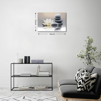 Zen Stone Framed Canvas Wall Art, White Flower and Yellow Butterfly on Lake Wall Paintings for Bathroom Living Room Bedroom Modern Spiritual Yoga Spa Canvas Prints Picture Wall Decor Artwork 12x16 inch