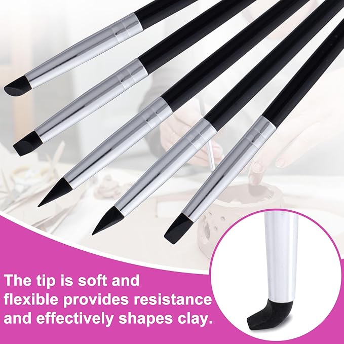OIIKI 5pcs Silicone Paint Brush, Flexible Sculpting Shapers Brushes, Professional 5 Shape Tip Paint Pens DIY Tools for Painting Carving Pottery Clay Nail Art Handicraft- Black