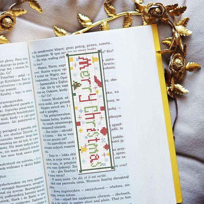FREEBLOSS 6 Set Cross Stitch Bookmark Counted Cross Stitch Kit with 6 Different Christmas Patterns Embroidery Kit with Instruction DIY Bookmark Kit for Gift Adults 8''x2.4''