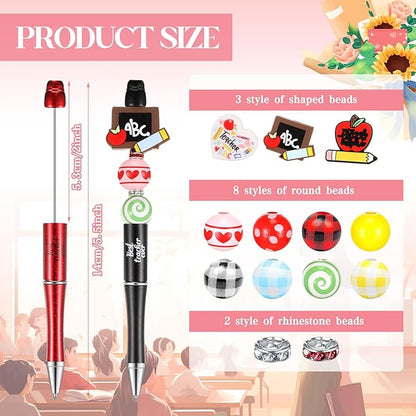 Geyee 12 Set Plastic Beadable Pens Assorted Bead Pens Crystal Wood Round Spacer Set Black Ink DIY Ballpoint for Women Men Gift Office Supplies(Teacher)