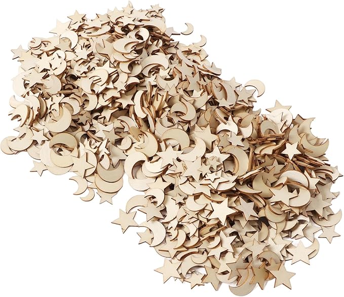 1000Pcs Wood Moon Star Cutout Slices Unfinished Star and Moon Shape Wood Cutouts for DIY Craft