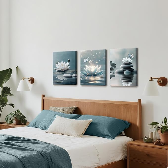 WENGTIAO 3Pcs Zen Stones Canvas Wall Art Prints Calm White Lotus Floral Bloom in Water Pictures Posters Butterfly Paintings Spiritual Meditation Artwork for Spa Yoga Living Room Bedroom Office 16x24x3