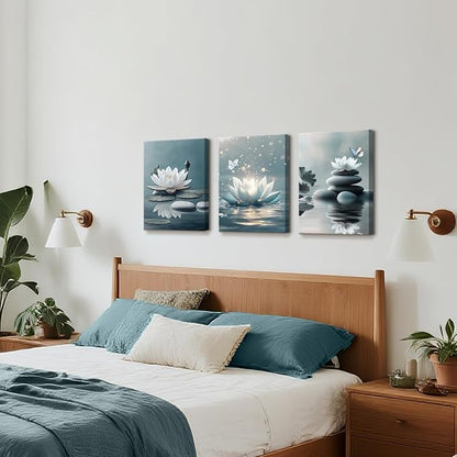 WENGTIAO 3Pcs Zen Stones Canvas Wall Art Prints Calm White Lotus Floral Bloom in Water Pictures Posters Butterfly Paintings Spiritual Meditation Artwork for Spa Yoga Living Room Bedroom Office 16x24x3