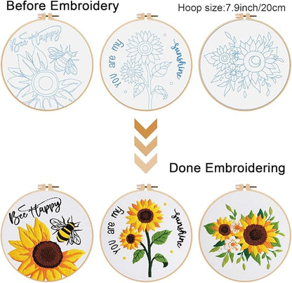 Louise Maelys 3 Sets Sunflowers Embroidery Kit for Beginners,Cross Stitch Kits for Adults with Summer Flowers Bee Stamped Pattern,Starters Needlepoint with Embroidery Instruction