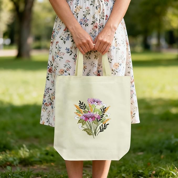 ERKOON Canvas Tote Bag Embroidery Kit for Beginners, Floral Arts Crafts Cross Stitch Kits for Adults Including Stamped Embroidery Bag with Hoops, Needle, Instruction and Color Threads(Colorful Time)