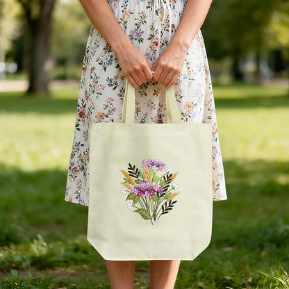 ERKOON Canvas Tote Bag Embroidery Kit for Beginners, Floral Arts Crafts Cross Stitch Kits for Adults Including Stamped Embroidery Bag with Hoops, Needle, Instruction and Color Threads(Colorful Time)