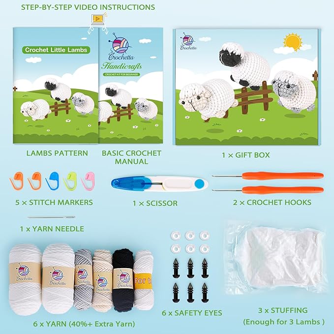 Crochet Kit for Beginners, Crochet Starter Kit with Step-by-Step Video Tutorials, Amigurumi Crochet DIY Knitting Supplies for Teenagers Adults, 3-Pack Little Lambs (40%+ Yarn)