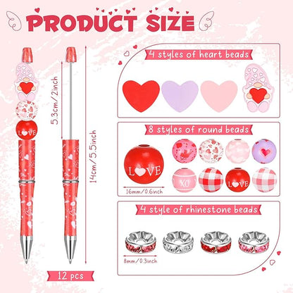 Geyee 12 Set Plastic Beadable Pens Assorted Bead Pens Crystal Wood Round Spacer Set Black Ink DIY Ballpoint for Women Men Gift Office Supplies(Heart)