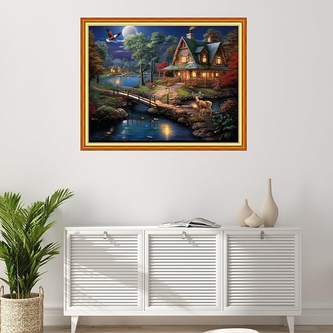 Foxhool Stamped Cross Stitch Kits,11CT Printed Cross Stitch Pattern Full Embroidery Kits for Beginner Needlepoint Kits-Night View of The House 16x20 inchs