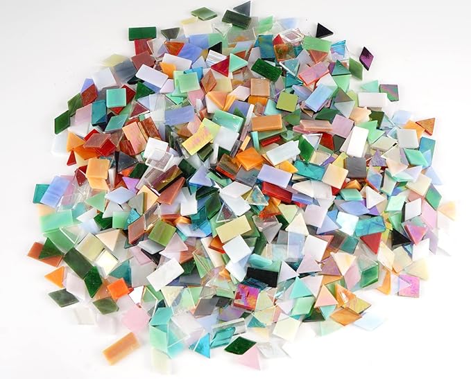 Lanyani Iridescent Glass Mosaic Tiles Bulk, 4-Shapes 700 Pieces Sparkle Iridized Stained Glass Tile for Mosaic Crafts