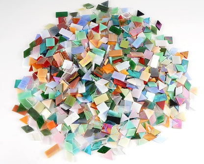 Lanyani Iridescent Glass Mosaic Tiles Bulk, 4-Shapes 700 Pieces Sparkle Iridized Stained Glass Tile for Mosaic Crafts