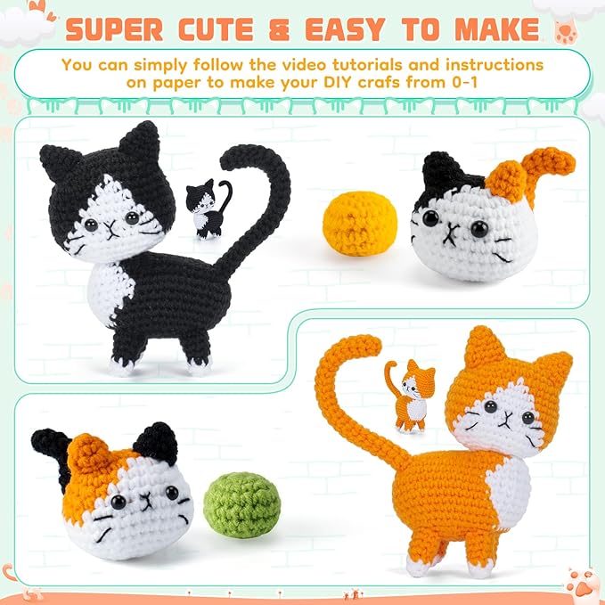 Auspicious beginning Cat Crochet Kit for Beginners-Crochet Kits 4PCS Cats Family Crochet Animals Kits with Step-by-Step Video Tutorials, Crochet Starter Kit Learn to Crochet Kits for Adults