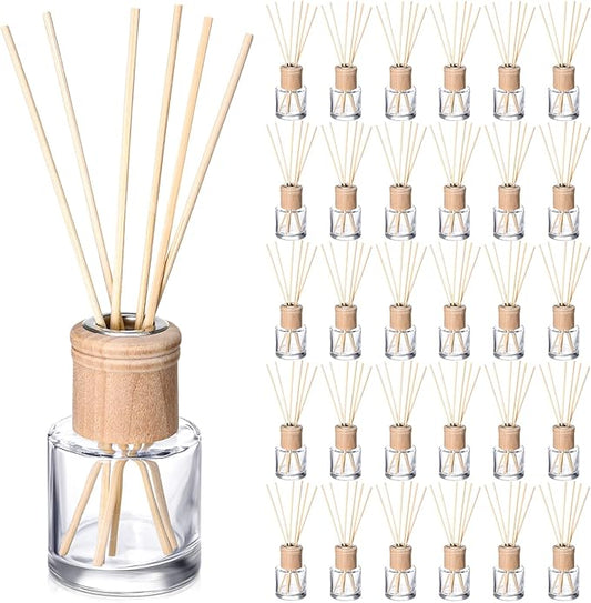 Roshtia 30 Set Reed Diffuser Bottle Empty Refillable Fragrance Glass Diffuser Bottles Set with Wooden Caps Sticks 50ml 1.7 oz Round Glass Jars for DIY Fragrance