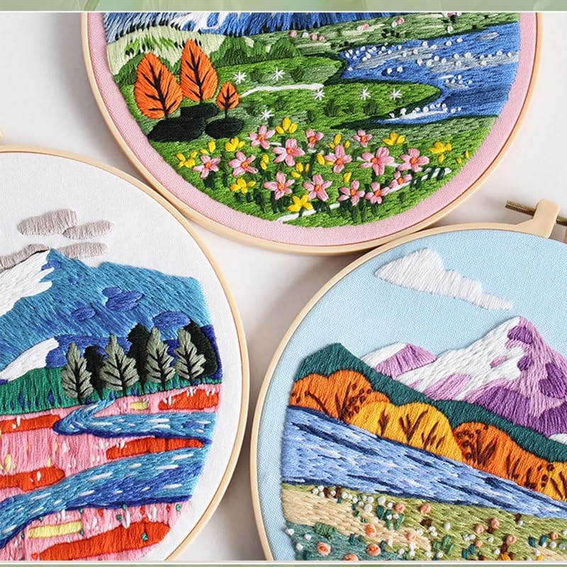 Konrisa 3 Pcs Landscape Embroidery Kits, Mountain Flower Village Pattern Cross Stitch Kit, DIY Sewing Practice Kits for Adults Home Decoration,Include Embroidery Cloth Threads and Needles,1pc Hoops - Image 7