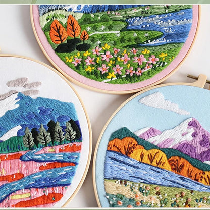 Konrisa 3 Pcs Landscape Embroidery Kits, Mountain Flower Village Pattern Cross Stitch Kit, DIY Sewing Practice Kits for Adults Home Decoration,Include Embroidery Cloth Threads and Needles,1pc Hoops - Image 7