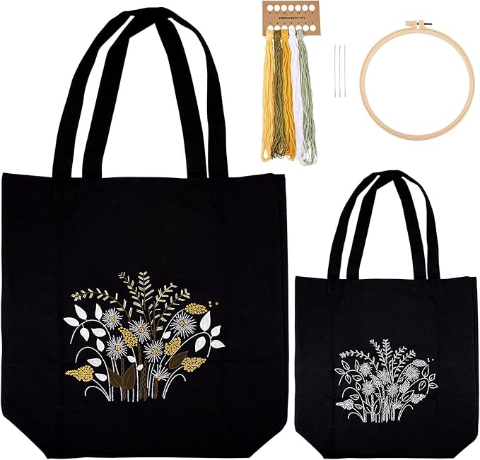 Craftdady Canvas Tote Bag Embroidery Kit Black Canvas Bag with Flower Patterns Instructions Embroidery Bag Embroidery Hoops Color Threads and Tool for DIY Beginners
