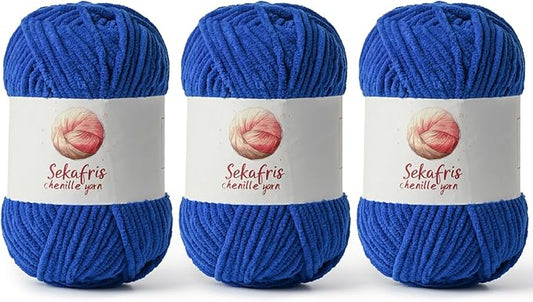 3 Pack Sapphire Blue Chunky Chenille Yarn for Crocheting, Bulky Velvet Yarns for Crochet, Baby Yarn for Crocheting Soft Blanket, 393 yds/10.5 oz Fluffy Amigurumi Crochet Yarn