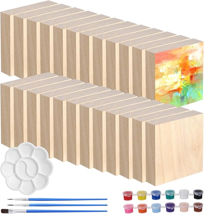 24 PCS Unfinished Wood Blocks, Natural Wood Blocks Painting Kit, 4 x 4 x 1 Inch Square Wood Blocks for Art and Crafts, Blank Wooden Board DIY Craft Panels with 12 Colors Paint 3 Paintbrushes Palette