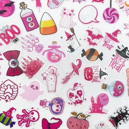 50PCS Cute Pink Halloween Stickers – Kawaii Ghosts, Pumpkins, Cats, Witch Hats, Skull & Trick or Treat Vinyl Decals for Scrapbook, Planner, Journal, DIY Crafts, Laptop, Water Bottle Decoration
