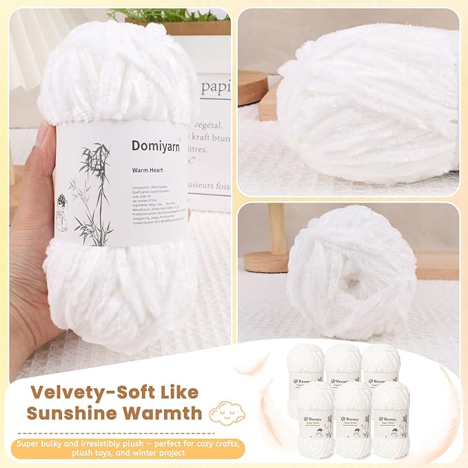 Velvet Chenille Yarn Pack – 6 Skeins × 100g Super Bulky (CYC #6) – Soft Velvet Chunky for Crocheting & Knitting, Fluffy Chenille Yarn for Blankets, Scarves & Crafts (White)