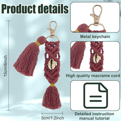 FREEBLOSS 10 Set DIY Macrame Keychain Kit for Beginners Golden Cowrie Macrame Hanging Ornament Boho Keychain Making Kit with Enough Cotton Cord