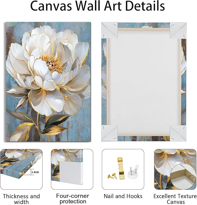 WENGTIAO Rustic White Flower Canvas Wall Art Blue Blooming Peony Floral with Gold Edges Print Pictures Posters Modern Framed Artwork for Bedroom Living Room Bathroom Office Kitchen 12x16in