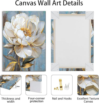 WENGTIAO Rustic White Flower Canvas Wall Art Blue Blooming Peony Floral with Gold Edges Print Pictures Posters Modern Framed Artwork for Bedroom Living Room Bathroom Office Kitchen 12x16in