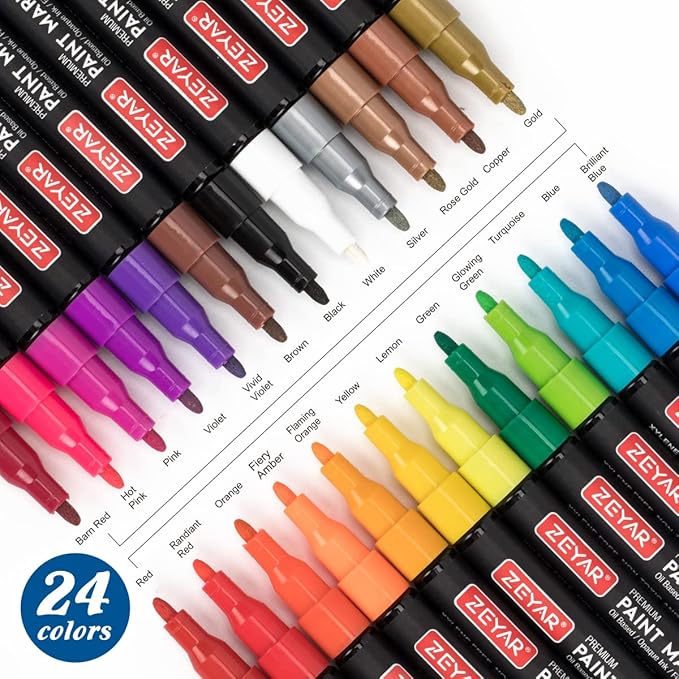 ZEYAR Oil-Based Paint Markers, Fine Point 24 Colors, AP Certified, Works on Rock painting, Wood, Glass, Metal, Ceramic and more (24 Colors Fine Point)
