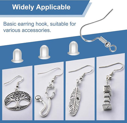 925 Sterling Silver Earring Hooks, 600PCS Earring Making kit 200PCS/100Pairs Hypoallergenic Ear Wires with 200PCS Silver Open Jump Rings and 200PCS Rubber Backs Earring Backs for Jewelry Making