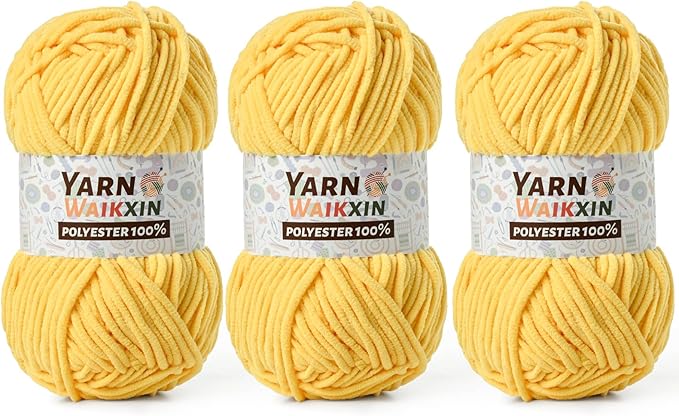 3 Pack Soft Chenille Yarn for Crocheting, Fluffy Chunky Crochet Yarn for Baby Blanket, (5.29oz/196.8yds) Fuzzy Velvet Yarn for Amigurumi&DIY Puzzle、Crafts、Scarf(3 Yellow)