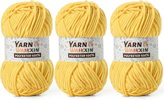 3 Pack Soft Chenille Yarn for Crocheting, Fluffy Chunky Crochet Yarn for Baby Blanket, (5.29oz/196.8yds) Fuzzy Velvet Yarn for Amigurumi&DIY Puzzle、Crafts、Scarf(3 Yellow)