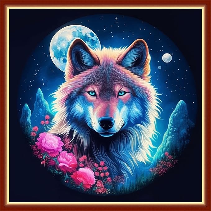 Findvoor Stamped Cross Stitch Kits for Beginners Full Range of Cross Stitching Embroidery Pattern for Adults, 11CT DIY Needlepoint Embroidery Starter Kits-Wolf Flower 17.7x17.7 inch
