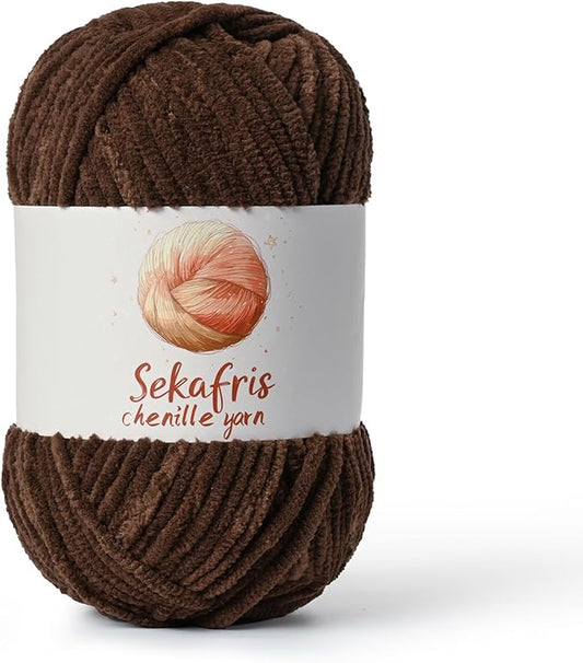 Coffee Chunky Chenille Yarn for Crocheting, Bulky Velvet Yarns for Crochet, Baby Yarn for Crocheting Soft Blanket, 131yds /3.53 oz Fluffy Amigurumi Crochet Yarn