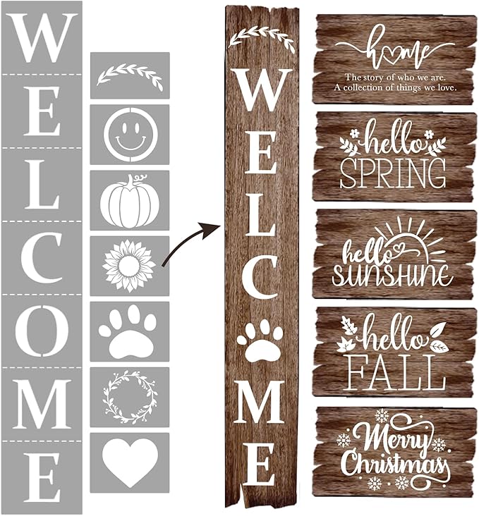 Welcome Stencil With Holiday Set for Painting on Wood - Reusable, DIY Projects, Gifts and More - Easy to Use Large Letter Horizontal and Vertical
