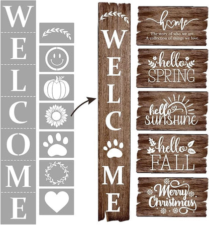 Welcome Stencil With Holiday Set for Painting on Wood - Reusable, DIY Projects, Gifts and More - Easy to Use Large Letter Horizontal and Vertical