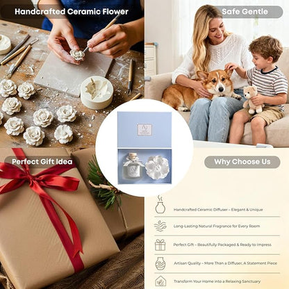 Pretty Valley Home Reed Diffuser Sets, 6.76 Fl. Oz / 200ML Ceramic Diffuser Flower Gift Box, Home Reed Diffuser for Bathroom Office Bathroom Living Room Decor (Marine White)