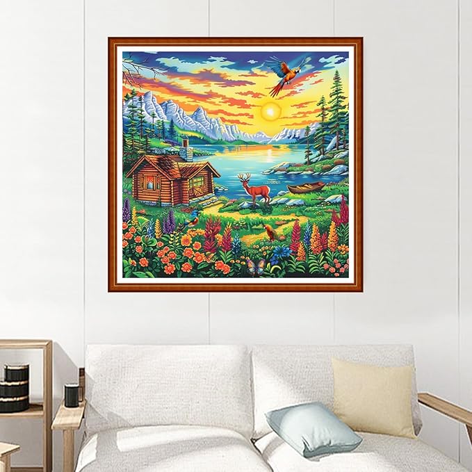 Joyhoor Stamped Cross Stitch Kits for Beginners Needlepoint Kits for Adults Embroidery Kits 11CT Counted Cross Stitch Kits Printed Embroidery Pattern-Lakeside Homeland Scenery 18x18 inchs