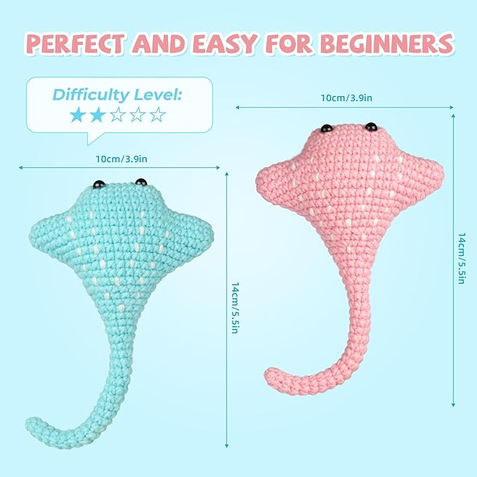 MOREJMTT Crochet Kit for Beginners, Crochet Animal Kits,Crocheting Kit for Starters with Step-by-Step Video Tutorials, Beginner Crochet Kits for Adults(2pack Ray Fish)