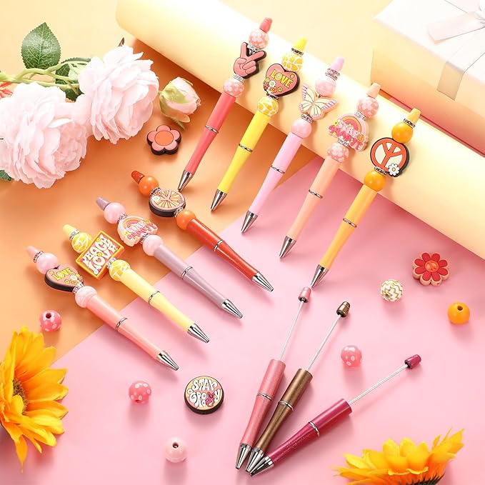 Geyee 12 Set Plastic Beadable Pens Assorted Bead Pens Crystal Wood Round Spacer Set Black Ink DIY Ballpoint for Women Men Gift Office Supplies(Groovy)