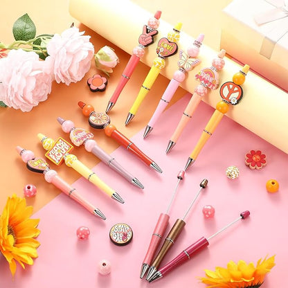Geyee 12 Set Plastic Beadable Pens Assorted Bead Pens Crystal Wood Round Spacer Set Black Ink DIY Ballpoint for Women Men Gift Office Supplies(Groovy)